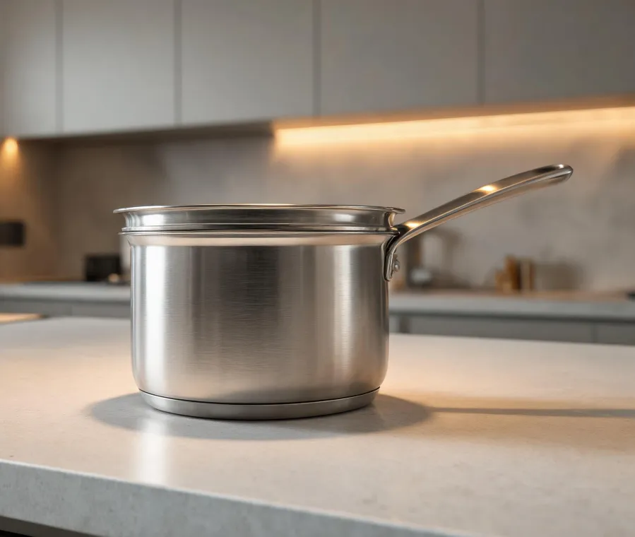 All-Clad stainless steel saucepan showing bonded metal rim and brushed interior